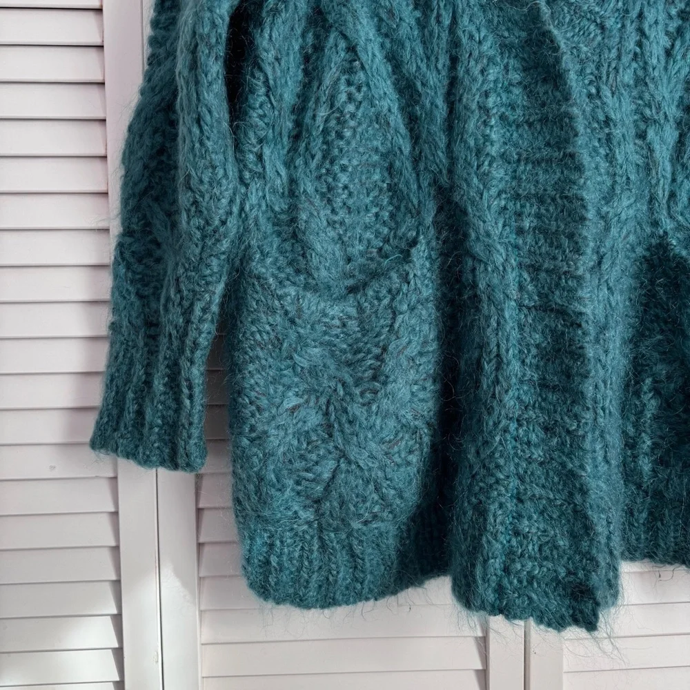 Free People Aran Isle Chunky Knit Mohair Cardigan Sweater Teal Blue Size XS